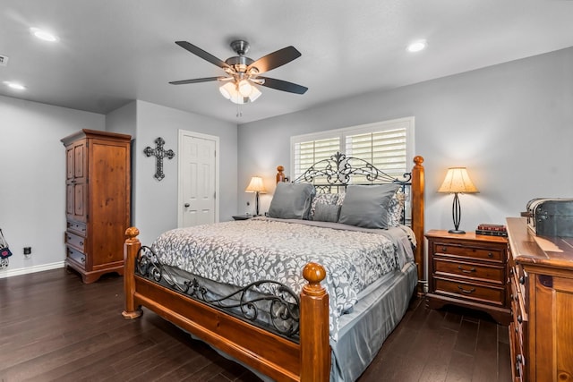 bedroom featuring a ceiling fan, baseboards, visible vents, recessed lighting, and dark wood-type flooring