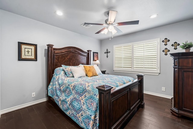 bedroom featuring recessed lighting, visible vents, baseboards, and dark wood-style floors