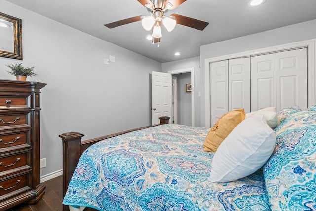 bedroom with recessed lighting, baseboards, a closet, and ceiling fan