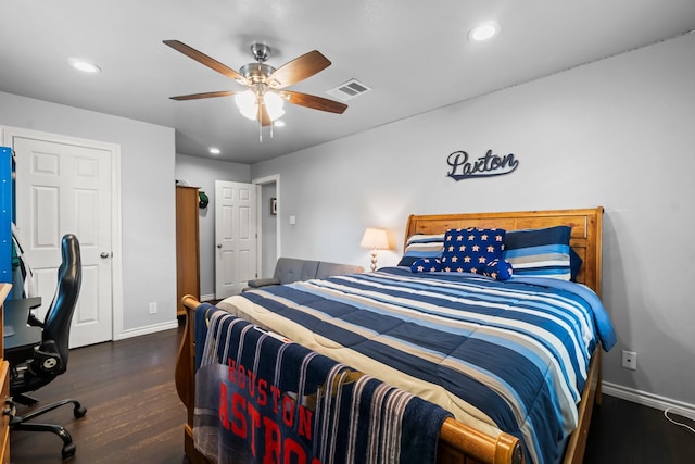 bedroom with recessed lighting, visible vents, baseboards, and wood finished floors