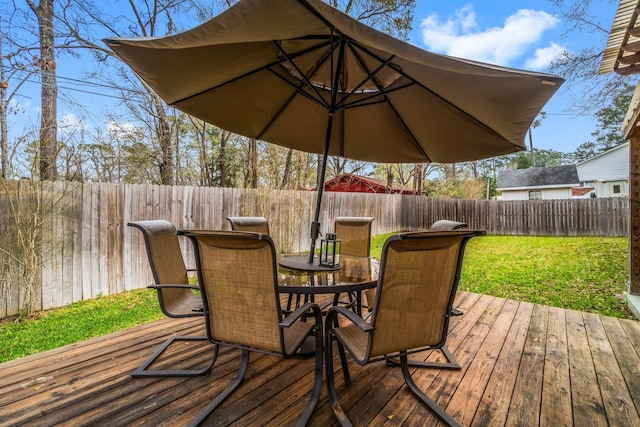 deck with outdoor dining space, a lawn, and a fenced backyard