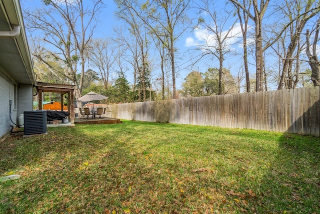 view of yard with central AC unit and a fenced backyard