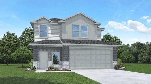 view of front facade with driveway, stone siding, roof with shingles, a front yard, and a garage