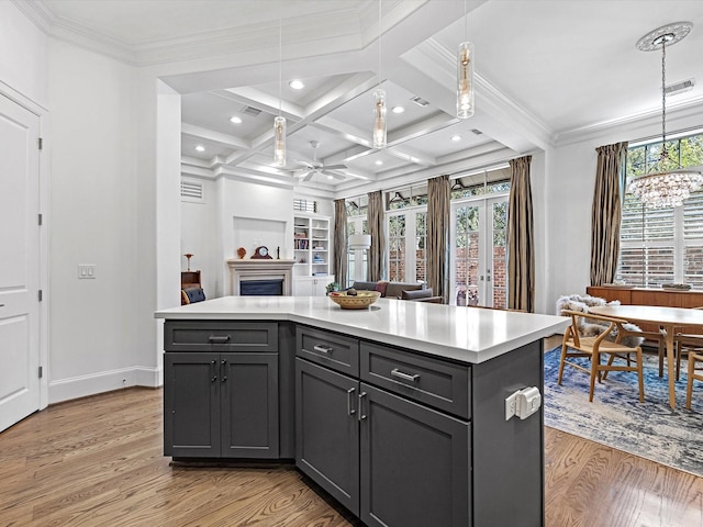 kitchen featuring plenty of natural light, open floor plan, coffered ceiling, and light wood-type flooring