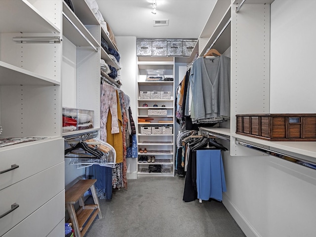 walk in closet featuring visible vents and carpet floors