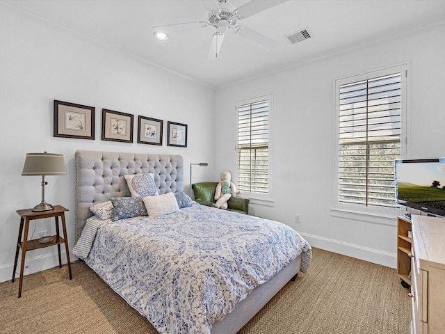 bedroom featuring visible vents, ornamental molding, recessed lighting, baseboards, and ceiling fan