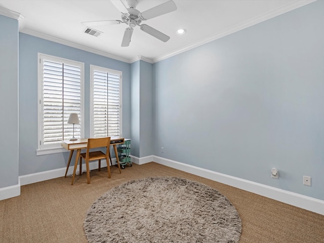 interior space featuring recessed lighting, baseboards, a ceiling fan, and crown molding