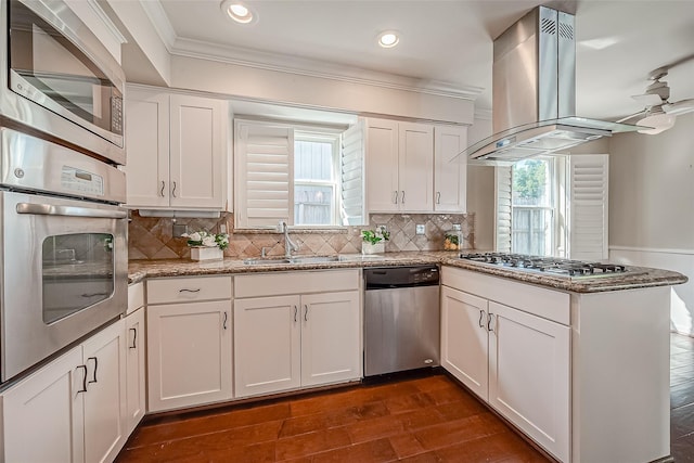 kitchen featuring a peninsula, island exhaust hood, ornamental molding, appliances with stainless steel finishes, and white cabinetry