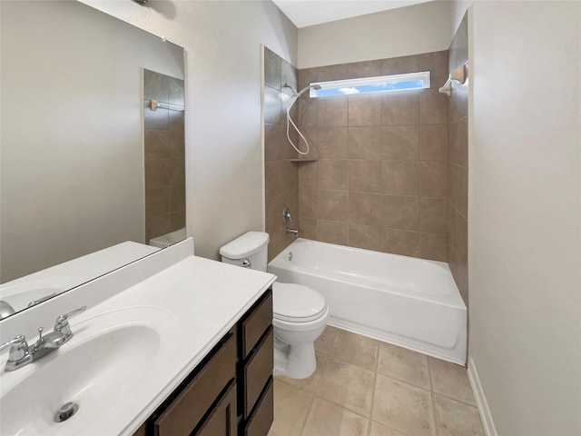 full bathroom with tile patterned floors, toilet, tub / shower combination, baseboards, and vanity