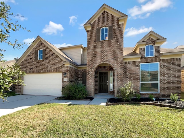 traditional home featuring brick siding, an attached garage, concrete driveway, and a front lawn