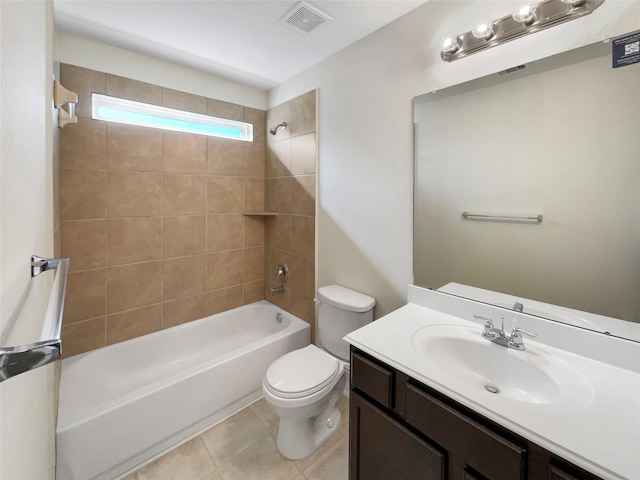 bathroom with vanity, visible vents, tile patterned flooring, bathing tub / shower combination, and toilet