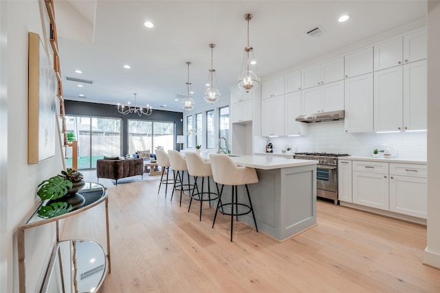 kitchen featuring visible vents, under cabinet range hood, light wood finished floors, decorative backsplash, and high end range