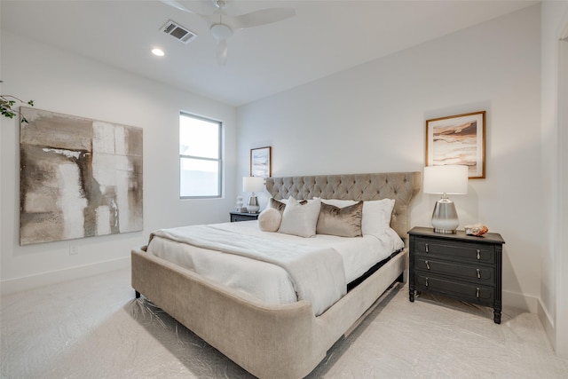 bedroom featuring recessed lighting, visible vents, ceiling fan, and baseboards