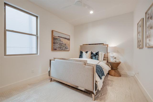 bedroom featuring a ceiling fan, recessed lighting, and baseboards