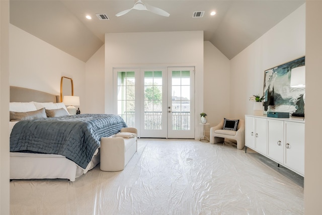 bedroom featuring access to exterior, visible vents, french doors, and lofted ceiling