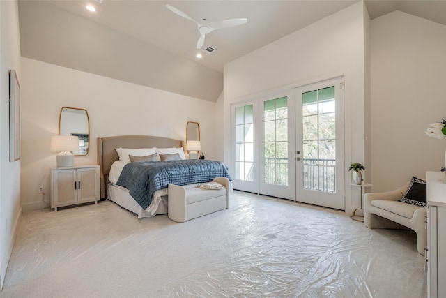 bedroom with visible vents, high vaulted ceiling, recessed lighting, french doors, and access to exterior