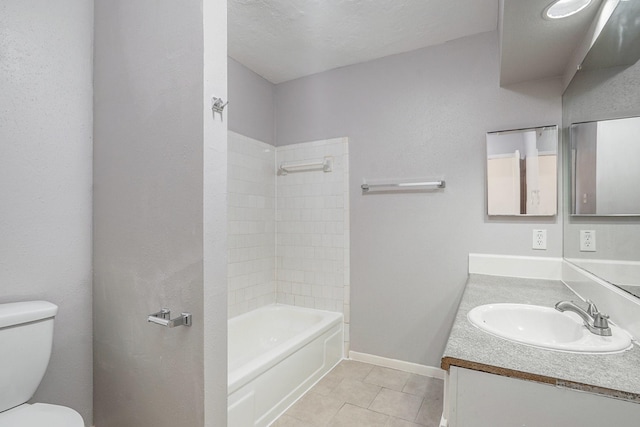 full bath with tile patterned floors, toilet, tub / shower combination, baseboards, and vanity