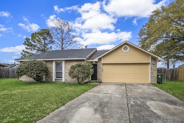 single story home featuring a front yard, fence, concrete driveway, a garage, and brick siding