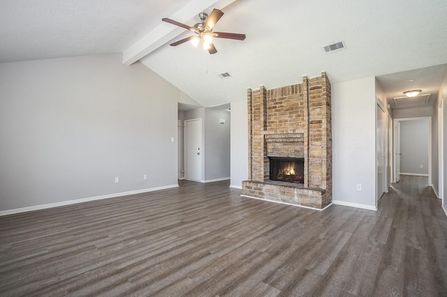 unfurnished living room with a ceiling fan, visible vents, baseboards, vaulted ceiling with beams, and dark wood-type flooring