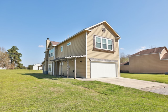 view of property exterior featuring a yard, a garage, driveway, and a chimney