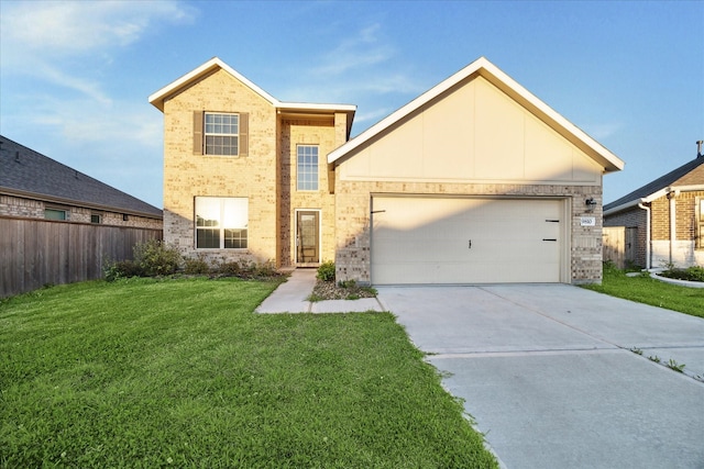 view of front of house with fence, a front lawn, concrete driveway, a garage, and brick siding