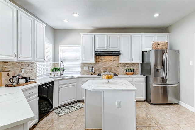 kitchen featuring a sink, black dishwasher, exhaust hood, stainless steel fridge with ice dispenser, and light tile patterned floors