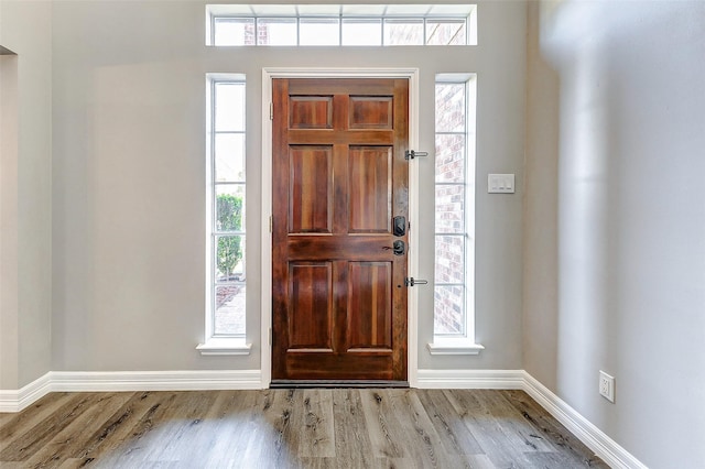 entrance foyer with baseboards, a healthy amount of sunlight, and wood finished floors