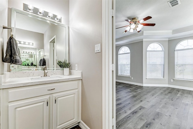 bathroom featuring visible vents, wood finished floors, baseboards, ceiling fan, and vanity