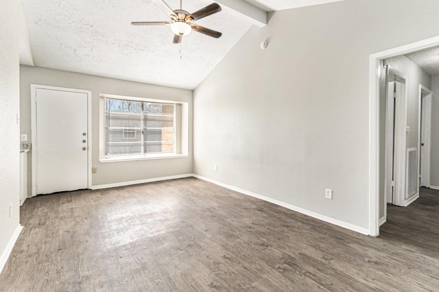 unfurnished room with a textured ceiling, baseboards, a ceiling fan, and wood finished floors