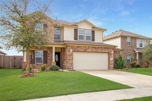 view of front of property featuring a front yard, fence, concrete driveway, a garage, and brick siding