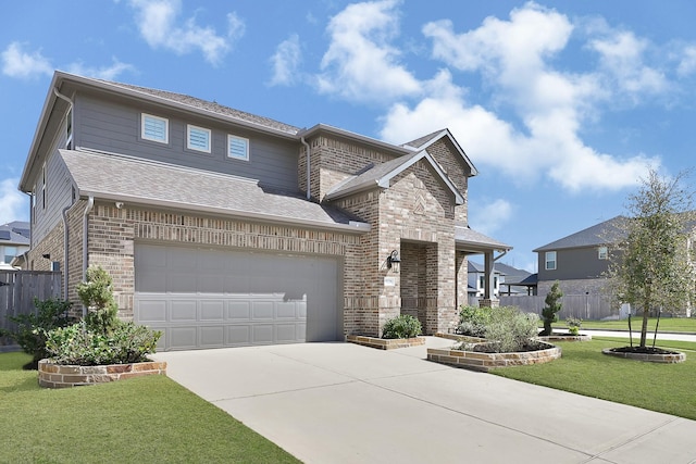 view of front of property with driveway, fence, a front yard, a shingled roof, and brick siding