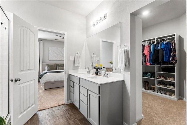 ensuite bathroom featuring a walk in closet, double vanity, walk in shower, and a sink