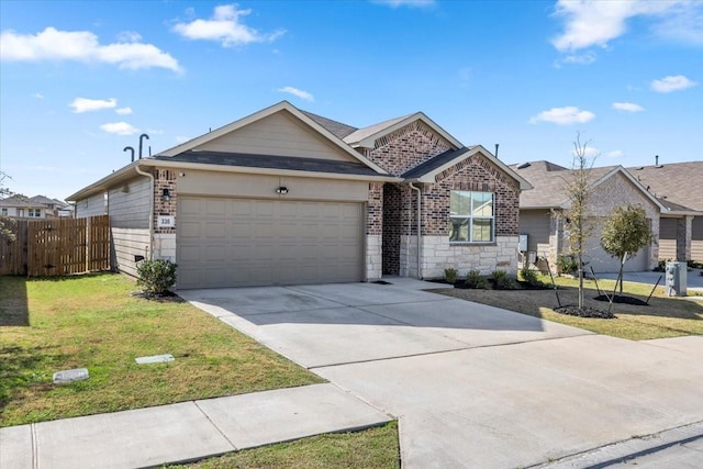 ranch-style house featuring fence, an attached garage, concrete driveway, a front lawn, and stone siding