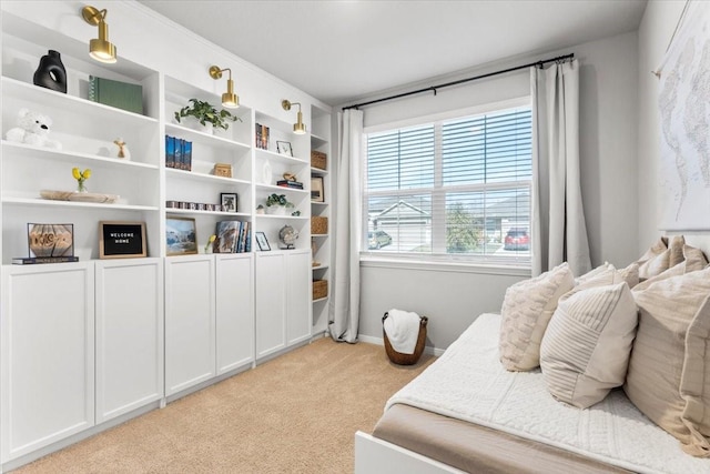 bedroom featuring baseboards and light carpet