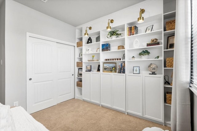 bedroom with light colored carpet and a closet