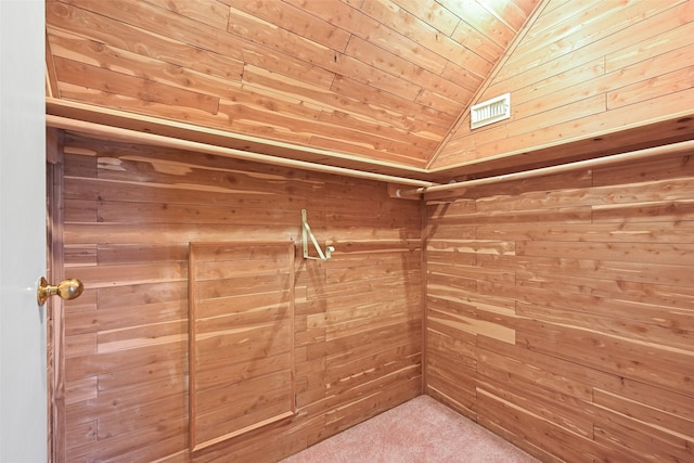 walk in closet featuring carpet and vaulted ceiling