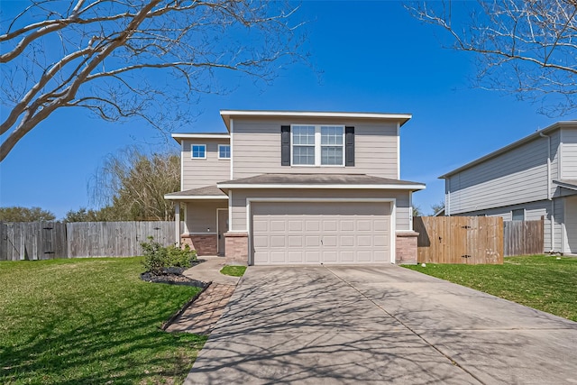 traditional-style house featuring brick siding, driveway, a front yard, and fence