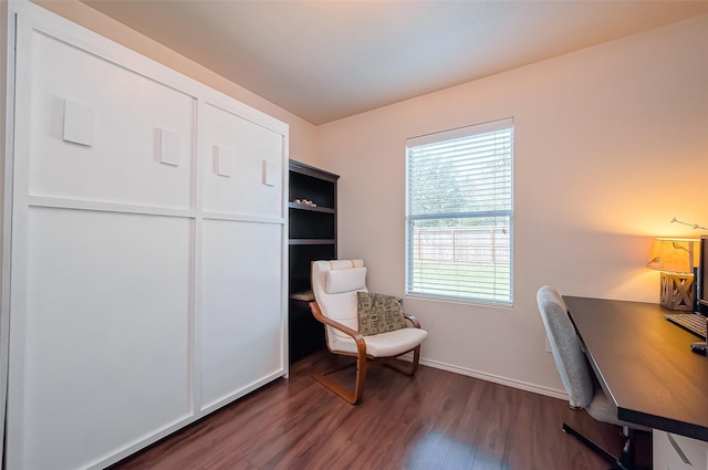 office featuring dark wood-type flooring and baseboards