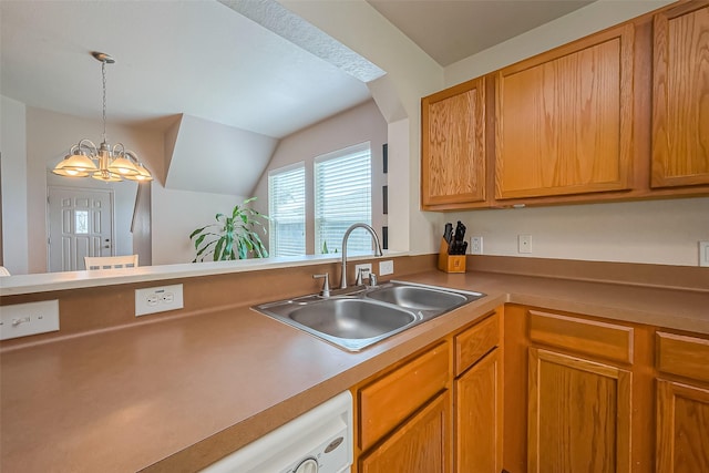 kitchen with brown cabinets, a sink, lofted ceiling, a chandelier, and hanging light fixtures