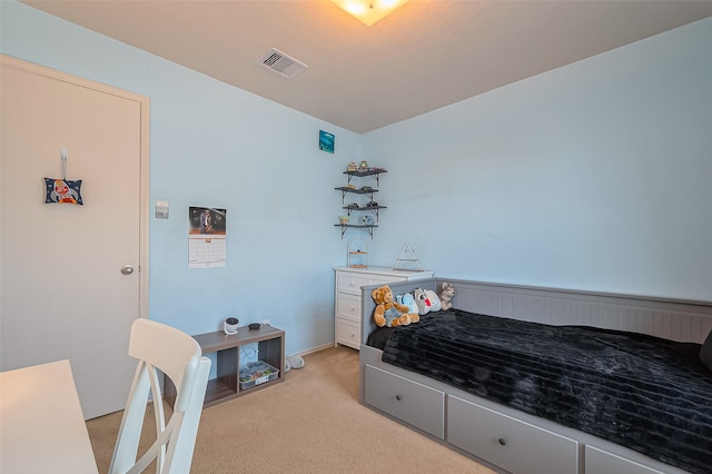 bedroom with light colored carpet and visible vents