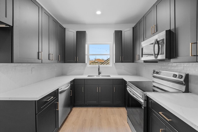 kitchen with a sink, backsplash, appliances with stainless steel finishes, and light wood finished floors