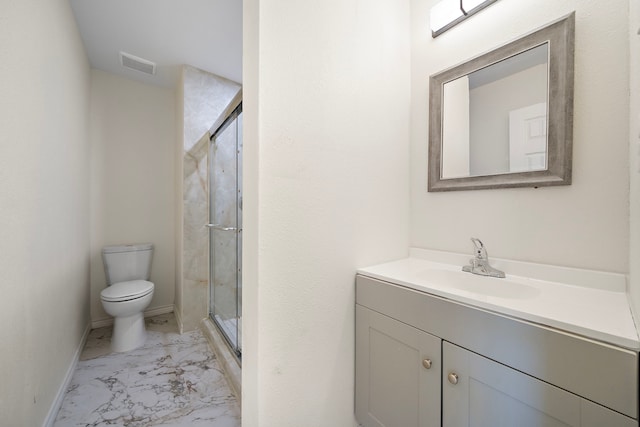 full bathroom featuring a marble finish shower, visible vents, toilet, and marble finish floor