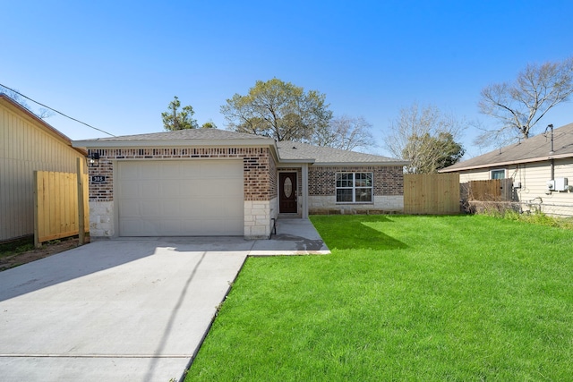 single story home featuring a front lawn, fence, concrete driveway, stone siding, and an attached garage