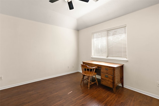 office featuring dark wood-style floors, lofted ceiling, baseboards, and ceiling fan