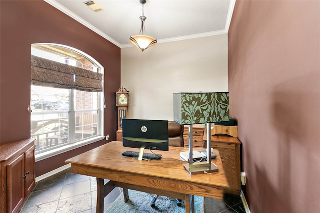 home office featuring visible vents, crown molding, and baseboards