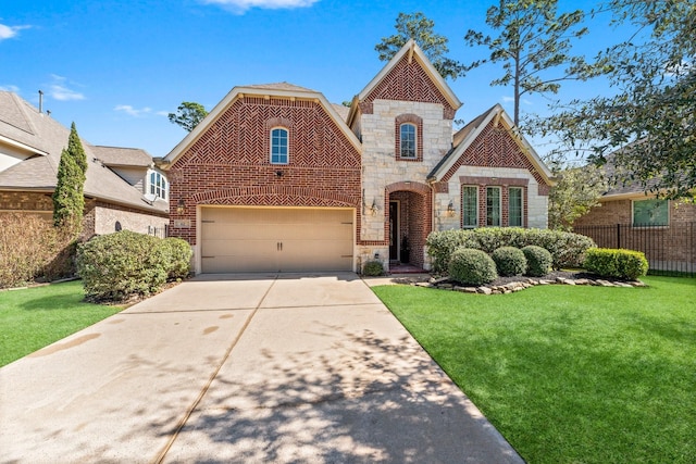 view of front facade with brick siding, stone siding, driveway, and a front lawn