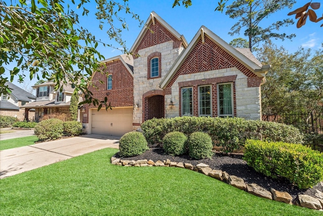 view of front of property with concrete driveway, fence, stone siding, and a front yard