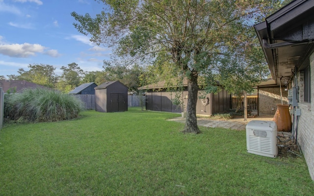 view of yard featuring a storage unit, an outdoor structure, and a fenced backyard