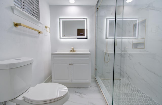 bathroom with vanity, baseboards, a marble finish shower, toilet, and marble finish floor