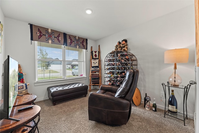 living area with baseboards and carpet